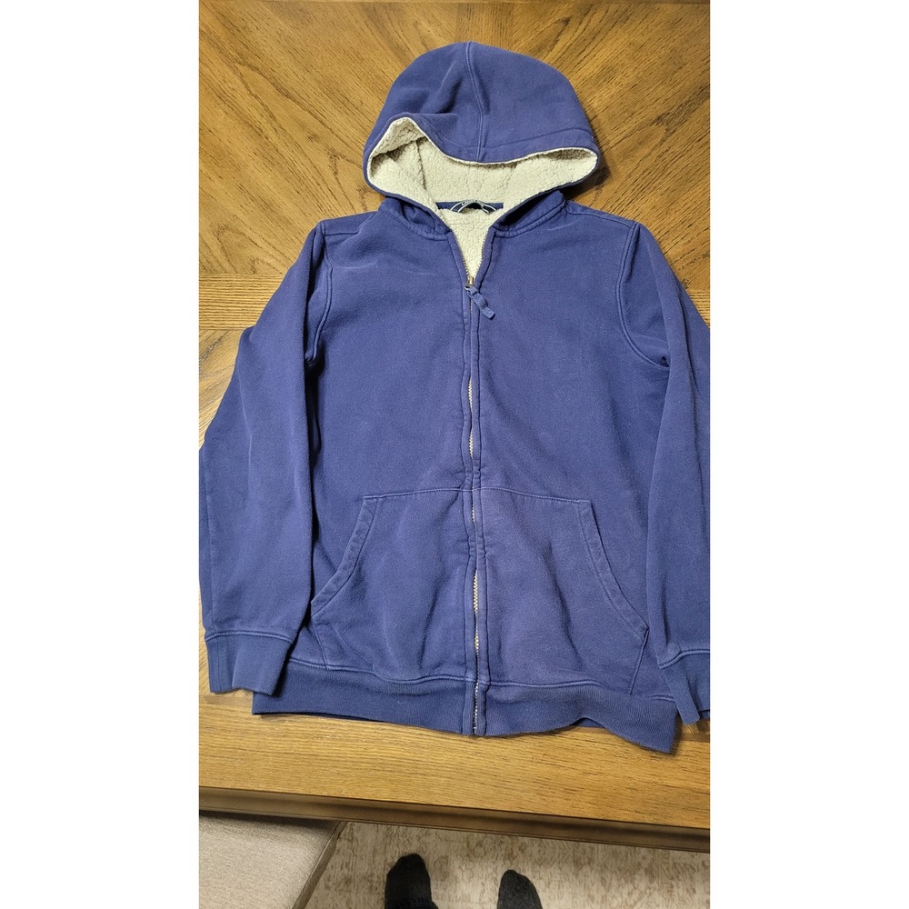 Lands End Boys L 14/16‎ Navy Blue Sherpa Lined Full Zip Hoodie Sweatshirt